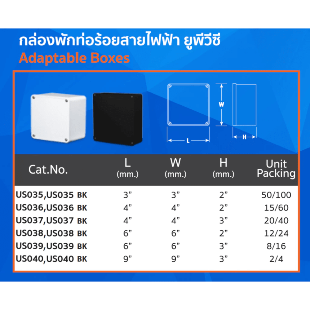 กล่องพักสายไฟทรงเหลี่ยม 6×6×2 นิ้ว UPC รุ่น US038 สีขาว สําหรับท่อร้อยสายไฟ ยูพีวีซี